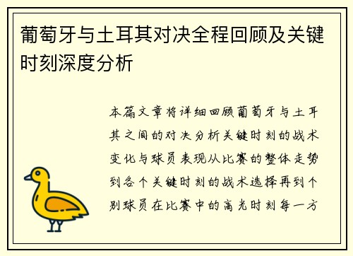 葡萄牙与土耳其对决全程回顾及关键时刻深度分析 葡萄牙与土耳其对决全程回顾及关键时刻深度分析